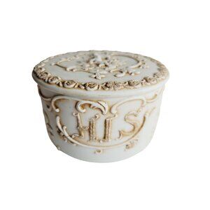 Vintage Lefton Trinket Box Bisque Cherub Design Round Nightstand Container With